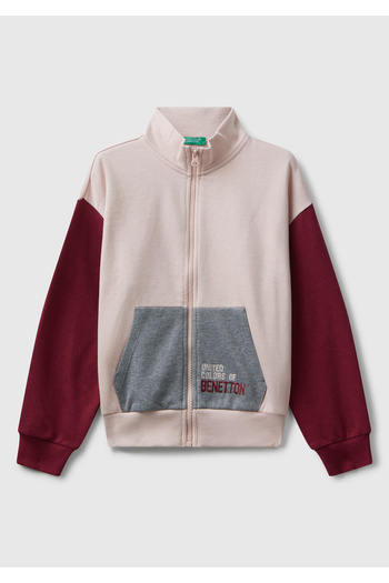 United Colors of Benetton Girl's Black-Grey Mix Zippered Stand Collar Sweatshirt with Logo Embroidery on the Front and Pockets