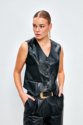 Sateen Button Detailed Leather Vest - Black