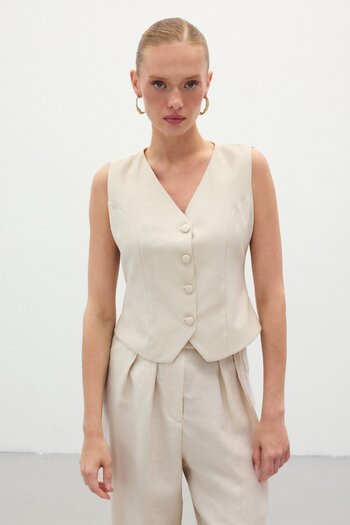 Sateen Linen Vest - Stone