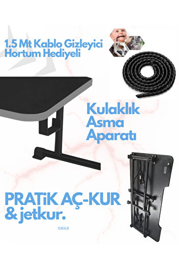 XMAX / JetKur Siyah MDF Bilgisayar Oyuncu Masası 140x70cm Sallanmaz Metal Ayaklı - Pratik Kurulum