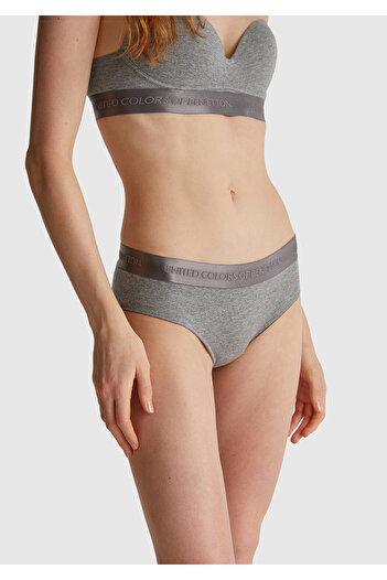 United Colors of Benetton Women's Anthracite Melange Cotton Blend Waistband Logoed Hipster Cut Panties