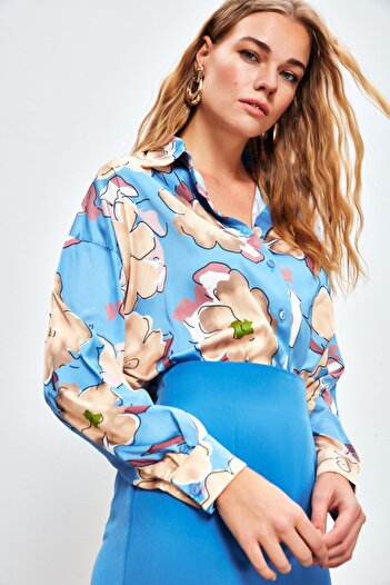 Sateen Сорочка оверсайз з квітковим принтом - BEBE MAVİ