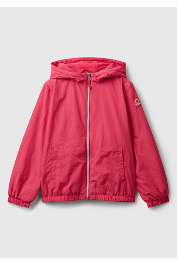 United Colors of Benetton Girl's Light Blue Glittery Logo Detailed Hooded Jersey Raincoat with Pockets