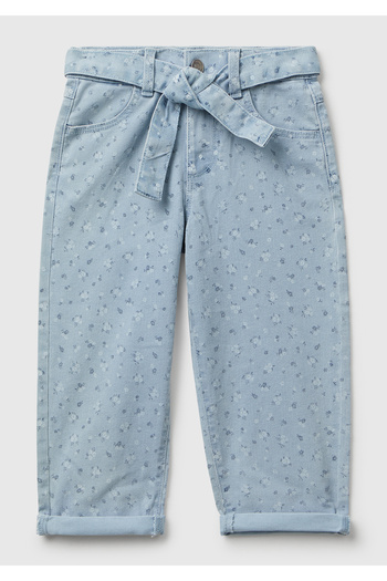 United Colors of Benetton Girl's Light Blue Floral Print Tie Waist Cuffed Leg Denim Pants