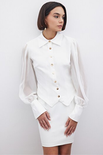 Sateen Chiffon Sleeve Shirt - Ecru