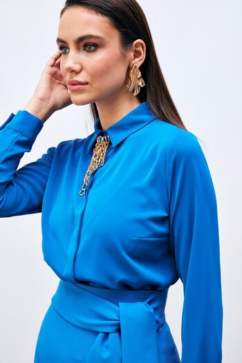 Sateen Plain Shirt with Chain Accessories - SAX BLUE