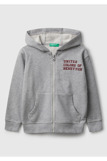 United Colors of Benetton Boy's Gray Melange Zippered Hooded Sweatshirt with Logo Print on the Front