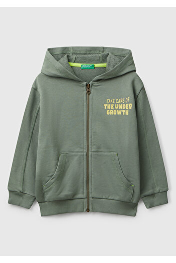 United Colors of Benetton Boy's Khaki Printed Zippered Hooded Relaxed Fit Sweatshirt