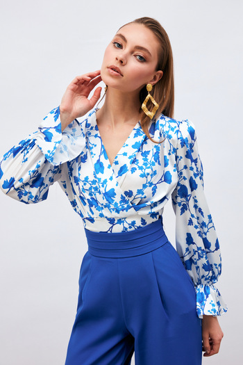 Sateen Satin Blouse with Flounce Sleeve Detail - Sax Blue