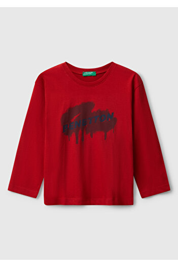 United Colors of Benetton Boy's Red Organic Cotton Long Sleeve Jersey T-Shirt with Logo Printed on the Front