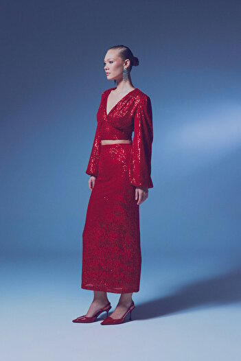 Sateen Red Long Sequined Skirt