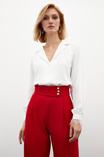 Sateen Casual πουκάμισο με λεπτομέρεια με πούπουλα - εκρού
