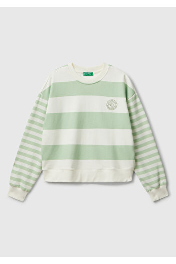 United Colors of Benetton Women's Light Green Cotton Blend Color Block Sweatshirt with Logo Print on the Chest