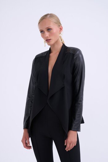 Sateen Shawl Collar Leather Detailed Jacket - Black