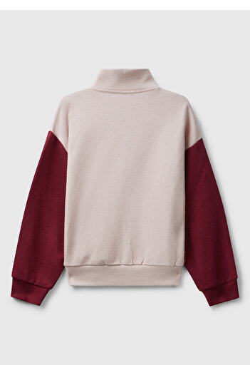 United Colors of Benetton Girl's Black-Grey Mix Zippered Stand Collar Sweatshirt with Logo Embroidery on the Front and Pockets
