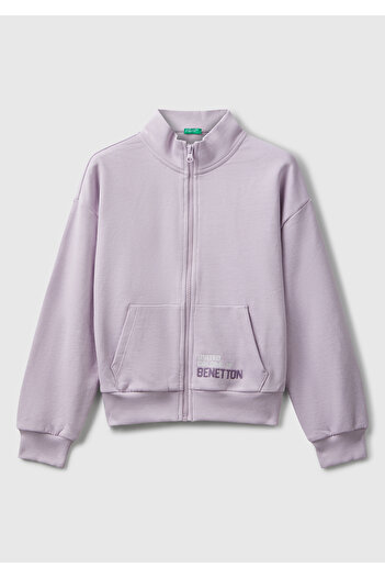 United Colors of Benetton Girl's Lilac Front Logo Embroidered Zippered Stand Collar Sweatshirt with Pockets