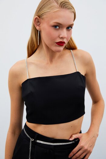 Sateen Satin Crop Blouse with Stone Straps - Black