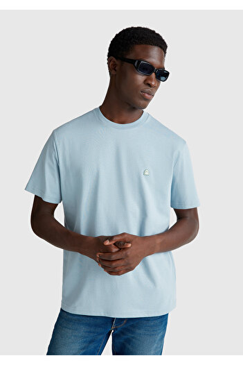 United Colors of Benetton Ανδρικό γαλάζιο μπλουζάκι 100% Koton Benetton Logo Crew Neck