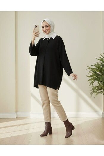 Modamorfo Single Button Pocketed Knitwear Poncho -Black