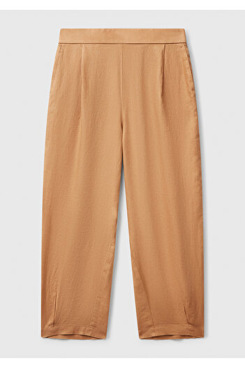 United Colors of Benetton Women's Beige 100% Linen Back Waist Elastic Tight Leg Relax Fit Trousers