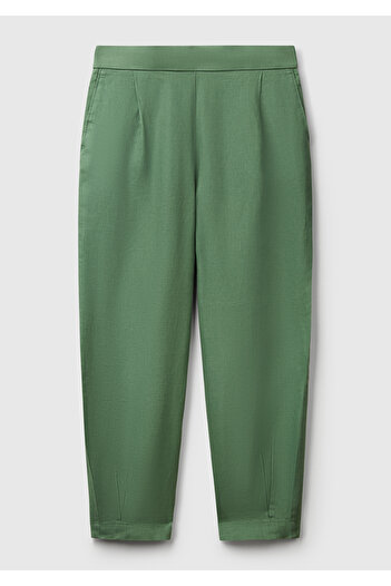 United Colors of Benetton Women's Light Green 100% Linen Elastic Back Waist Tight Leg Relax Fit Trousers
