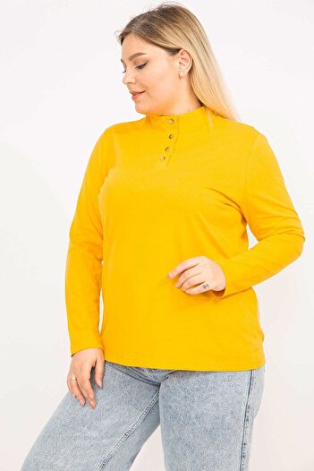 Şans Women's Yellow Large Size Cotton Fabric Buttoned Blouse 65n35764