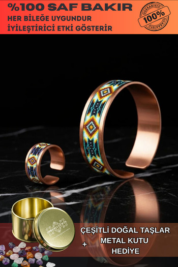 OSMANLI GÜMÜŞ Women's Copper Bracelet Ring Set - Polka Model Special Edition Metal Box and Quartz Stone