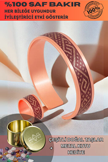 OSMANLI GÜMÜŞ Women's Copper Bracelet Ring Set - Stella Model Special Edition Metal Box and Quartz Stone