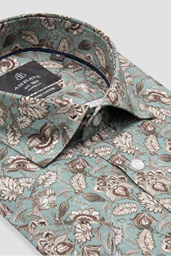Abbate Vento Poplin Cotton Comfort Fit Green Classic Collar Men's Printed Shirt