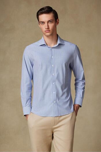 Abbate Florence Jersey Cotton Blend Comfort Fit Navy Classic Collar Men's Striped Shirt
