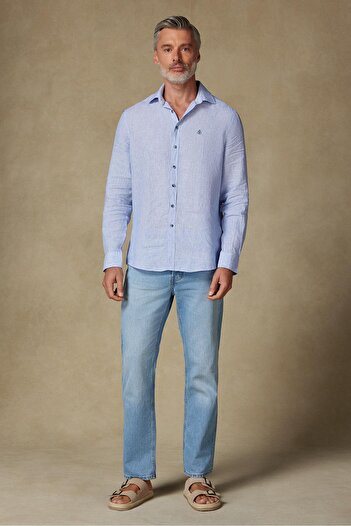 Abbate Ανδρικό πουκάμισο με ρίγες Lieno Linen Comfort Fit ανοιχτό μπλε κλασικό γιακά