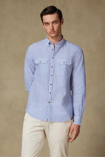 Abbate Alba Linen Cotton Linen Blended Comfort Fit Dark Blue Button Collar Men's Striped Shirt