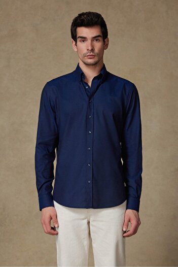 Abbate Matteo Royal Oxford Cotton Comfort Fit Navy Button-Down Collar Men's Solid Shirt