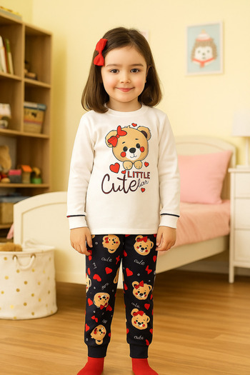 KAPİKİDS Girl's 100% Cotton Teddy Bear Patterned Ecru Pajama Set