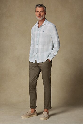 Abbate Ανδρικό πουκάμισο με καρό σχέδιο Lieno Linen Comfort Fit ανοιχτό πράσινο κλασικό γιακά