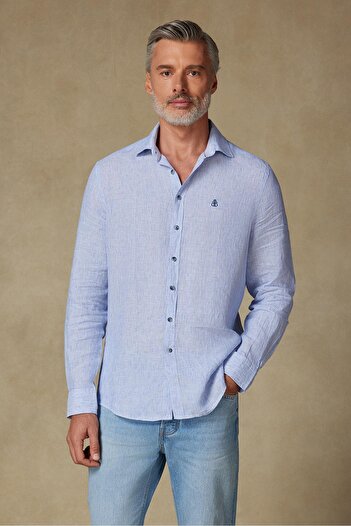 Abbate Ανδρικό πουκάμισο με ρίγες Lieno Linen Comfort Fit ανοιχτό μπλε κλασικό γιακά