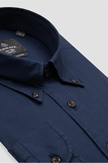 Abbate Mario Poplin Cotton Comfort Fit Navy Button-Down Collar Men's Plain Shirt