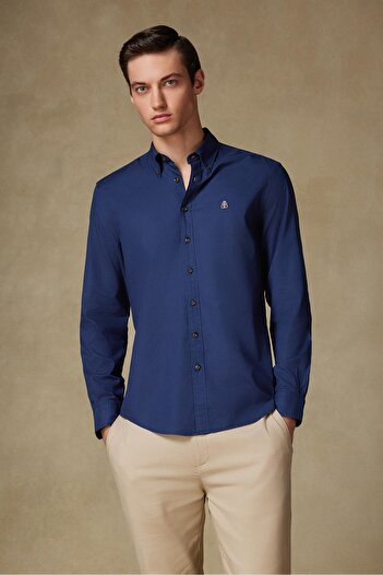 Abbate Mario Poplin Cotton Comfort Fit Navy Button-Down Collar Men's Plain Shirt