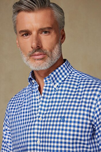 Abbate Lusso Twill Pamuklu Comfort Fit Lacivert Düğmeli Yaka Erkek Kareli Gömlek