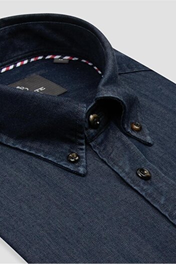 Abbate Gino Denim Lyocell Comfort Fit Navy Blue Button Collar Men's Plain Shirt