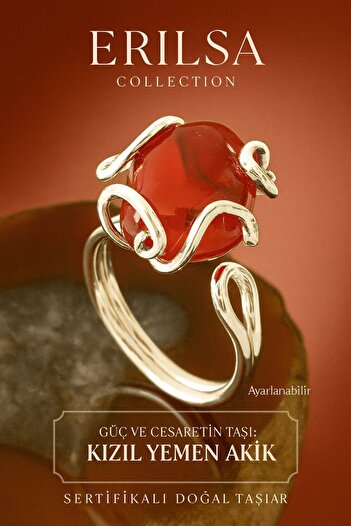 Tesbih Atölyesi Rococo Red Yemen Agate Stone Silver Ring - Adjustable Certified