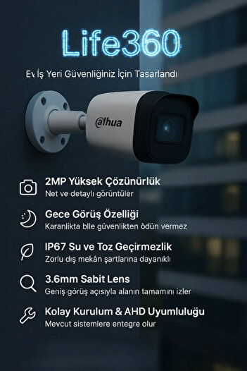 DAHUA DH-HAC-B1A21P-U 2MP 3.6mm AHD Bullet Güvenlik Kamerası | IR Gece Görüşlü, IP67 Dış Mekan