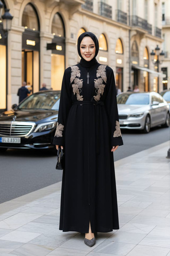 Neva Style Embroidered Black Beige Hijab Ferace 29124Sbej