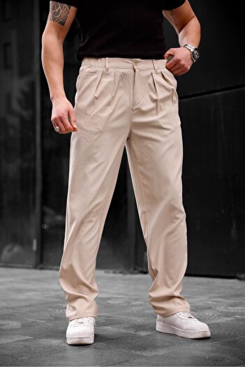 COMBİNE MİCHAİL Men's Baggy Fit Pleated Fabric Trousers - Beige