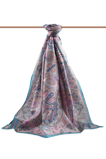 Vissona 100% Silk Etro Patterned Indigo - Pink Colored 92X210 Shawl