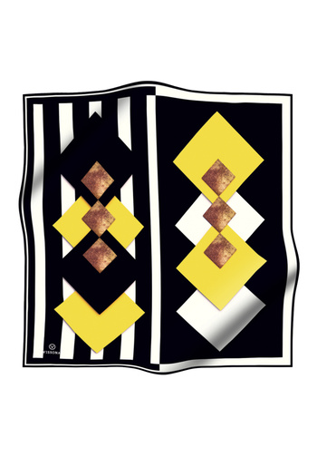 Vissona Twill Silk Tile Patterned Lemon Yellow and Black 90X90 Scarf Sewing Hand Sewing