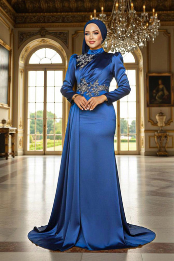 Neva Style Βραδινό φόρεμα με ουρά Navy Blue Satin Hijab 22830l