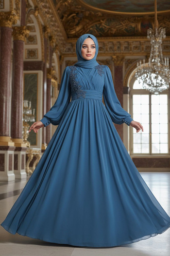 Neva Style Lacy Blue Hijab Evening Dress 21940m