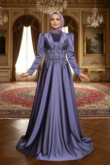 Neva Style Beaded Dark Lilac Satin Hijab Evening Dress 22640Klıla