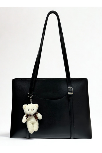 fular & bags Women's Zippered Black Shoulder and Shoulder Bag with Bear Accessory